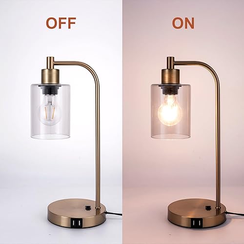 Miniatura 5 de Tomsurch Lámpara de mesa industrial con 2 puertos de carga USB, lámpara de escritorio dorada, base E26, lámpara de lectura moderna con pantalla de