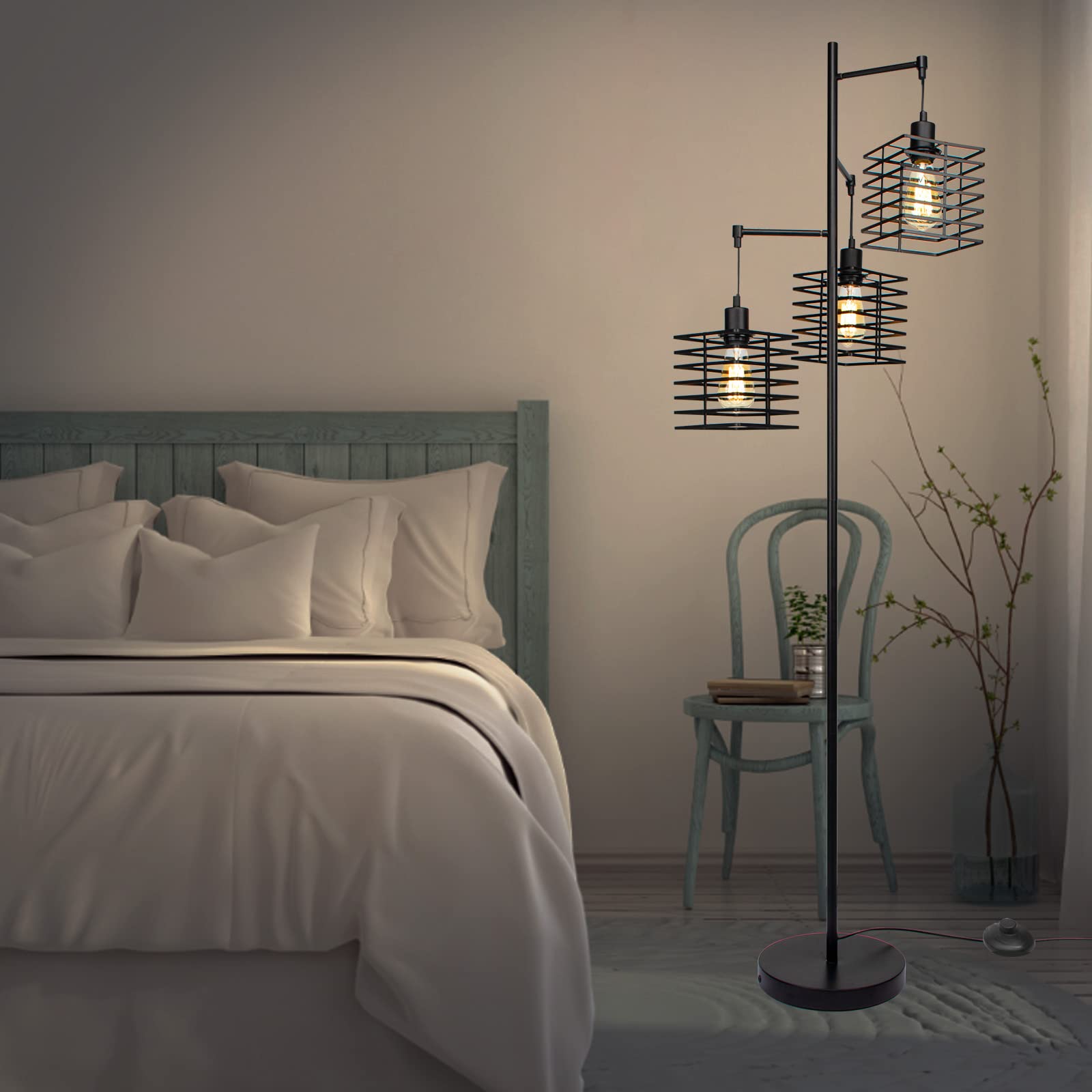 Lampada Da Terra Vintage Con 2 Paralumi A Gabbia - Nero, Altezza 151cm, Attacco E27 Max 25W - Foto 4