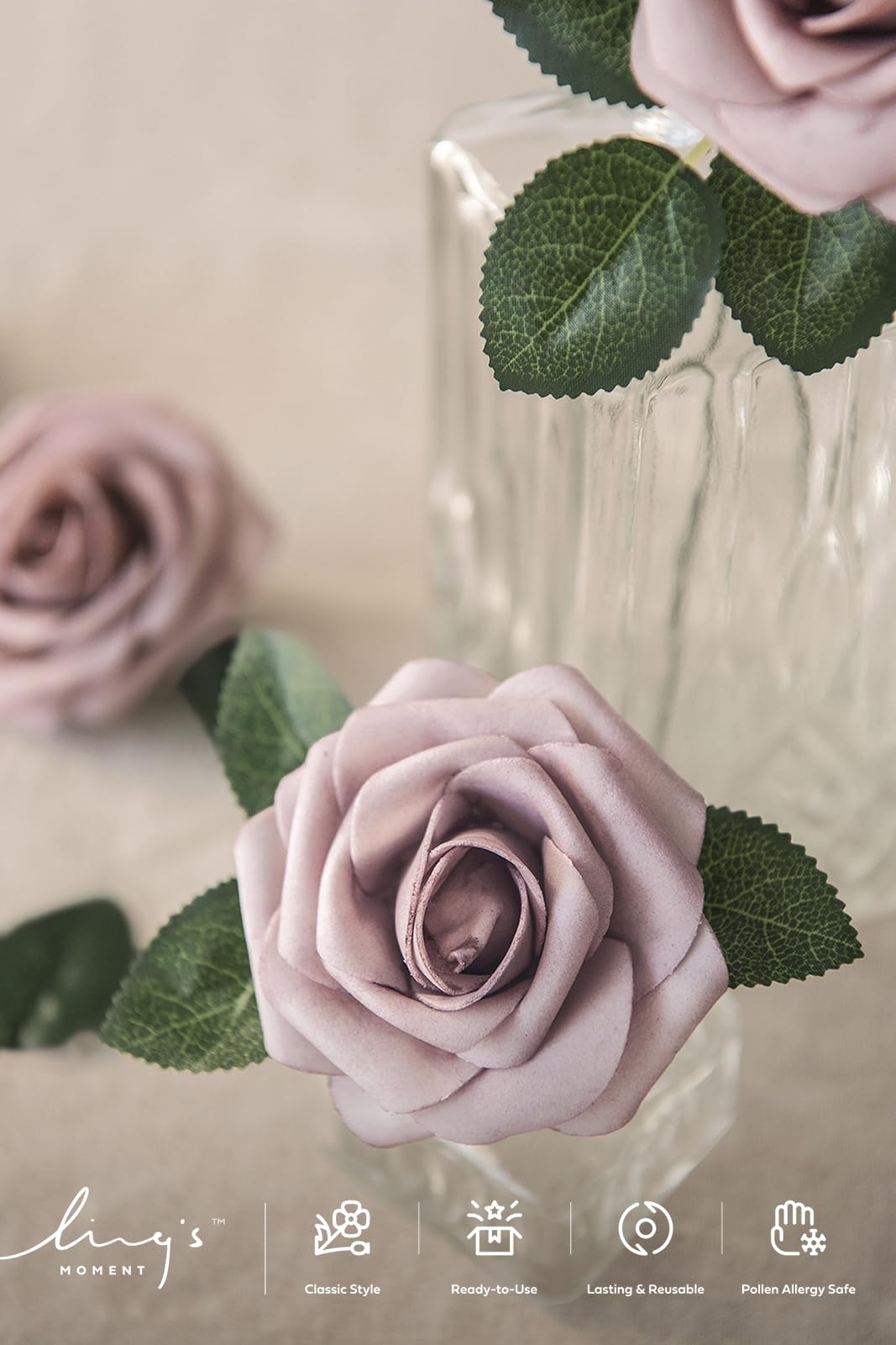 Ling's Moment Flores artificiales, 50 rosas polvorientas, decoración con tallos, 7.62 cm de espuma de tacto real para ramo de boda, centros de mesa, telón de fondo de fiesta al aire libre,
