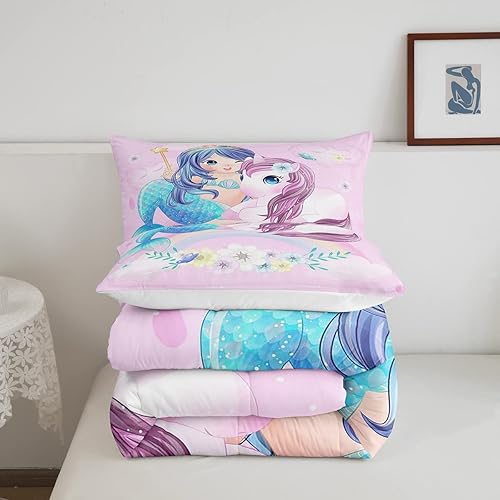 Miniatura 4 de Erosebridal Juego de edredón de sirena azul para niñas, juego de ropa de cama de unicornio, 2 piezas para niños, diseño femenino de arcoíris,