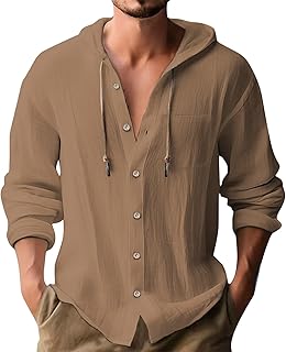 Camisa de lino para hombre, manga larga, verano, tiempo libre, con capucha, tira de botones, sudadera con capucha, camiseta holgada, con cordón, tallas de verano, camisa de verano con bolsillo en el