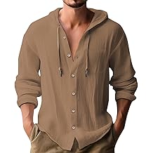 Linen Shirts for Men Casual Button Shirt Summer Cotton Linen Hoodie Beach Long Sleeve Shirts Top with Hood
