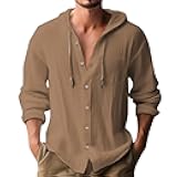 JPLZi Linen Shirts for Men Casual Button Shirt Summer Cotton Linen Hoodie Beach Long Sleeve Shirts Top with Hood