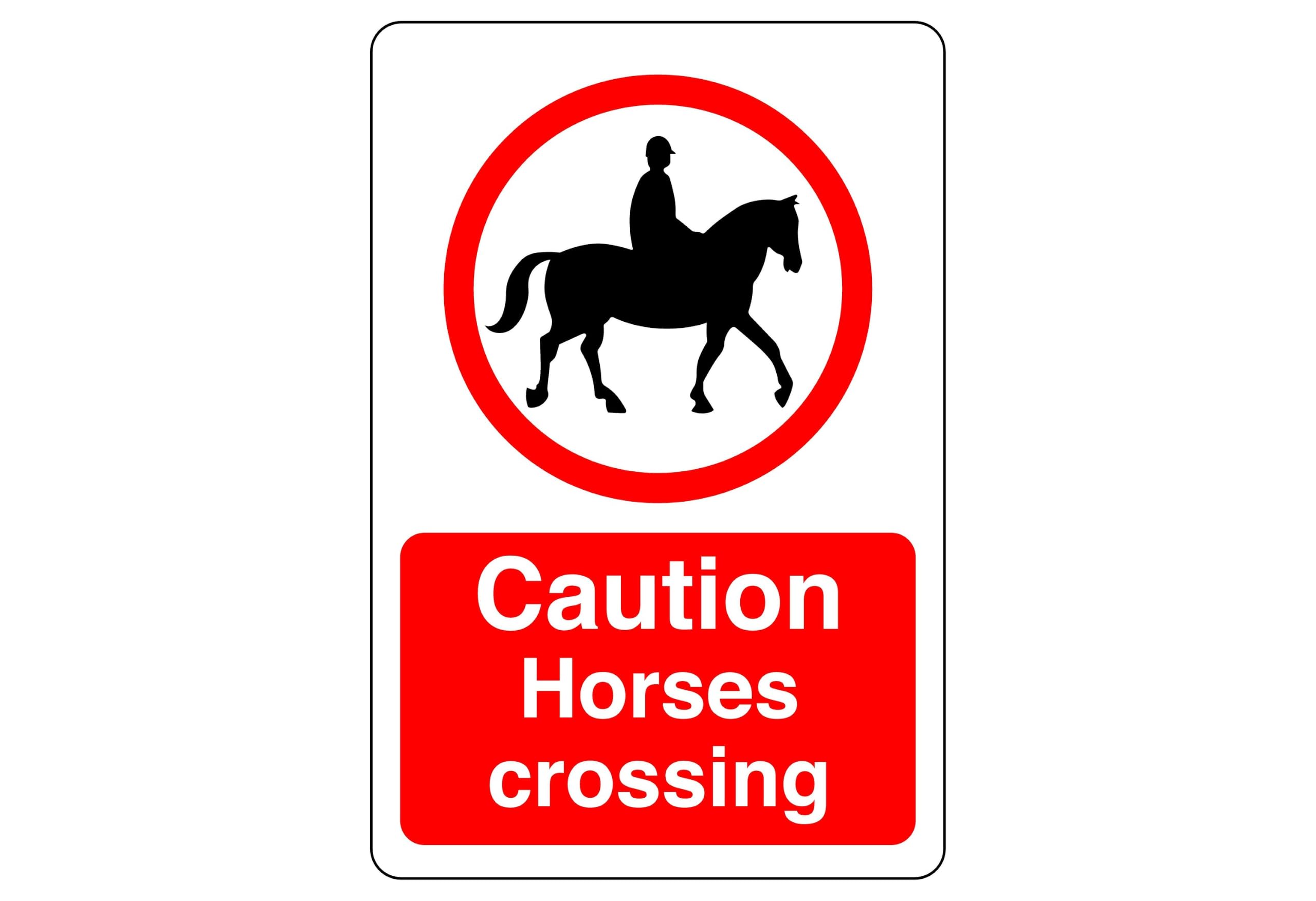 Caution horses crossing sign - High tack self-adhesive sticker (300mm x 200mm) Viewing Distance within 7m.