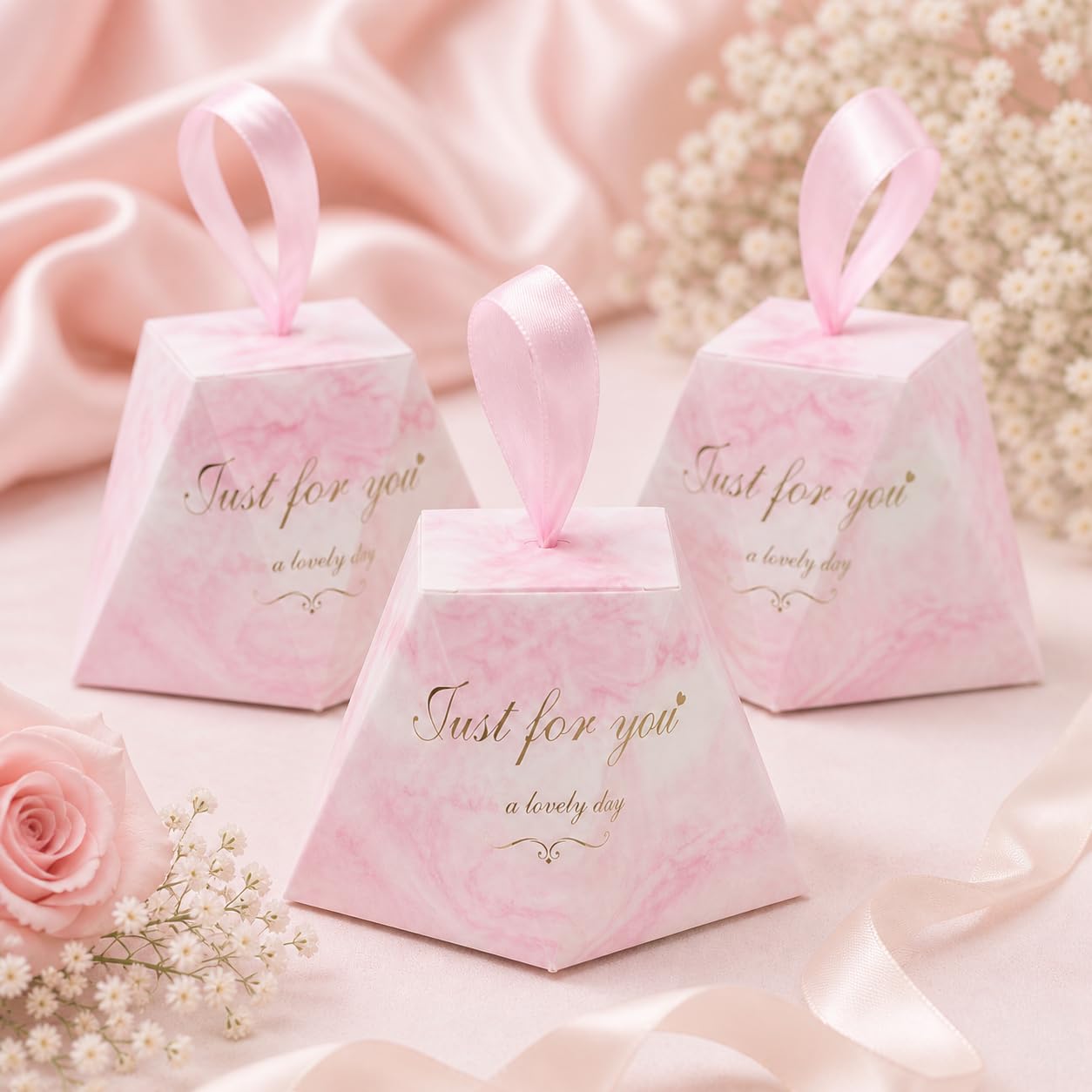 SATYAM KRAFT 50 Pcs Decorative Paper Gift Box with Ribbon Handle | Marble Design Premium Gift Packaging Box for Chocolates, Return Gifts, Wedding & Festive Hampers (Pink)-image-19
