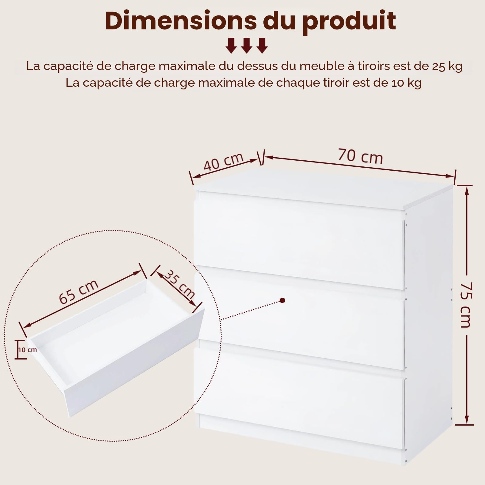 Commode, Armoire, avec 3 tiroirs, Largeur 70 cm, Meuble de Rangement Chambre, adapté pour Salon, Chambre, Chambre d'enfant, Bureau, Blanc, 70cm×40cm×75cm