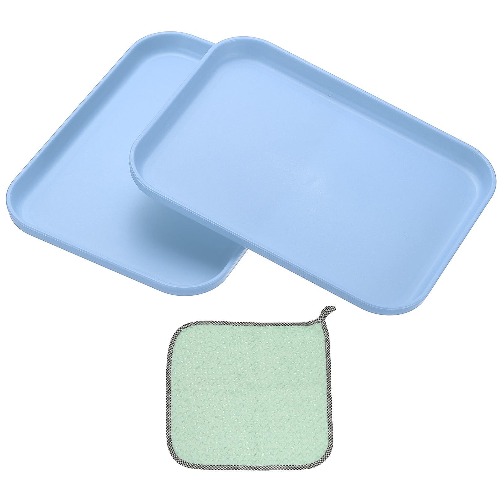 PATIKIL 7.9x5.9 Plastic Tray, 2 Pack Rectangular Plates Small Food Tray Wheat Plates Dishes Reusable Dessert Plate Trays with Cloth for Cake Fruits Salad Cupcake Steak Serving Blue
