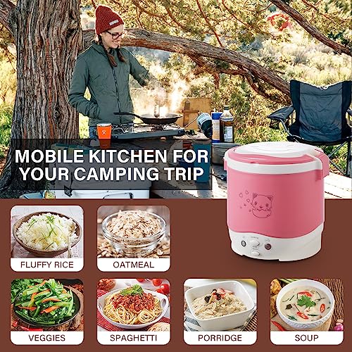 Image of OSBA 12V Rice Cooker for Car 1L Mini Rice Cooker with Steamer, Pink