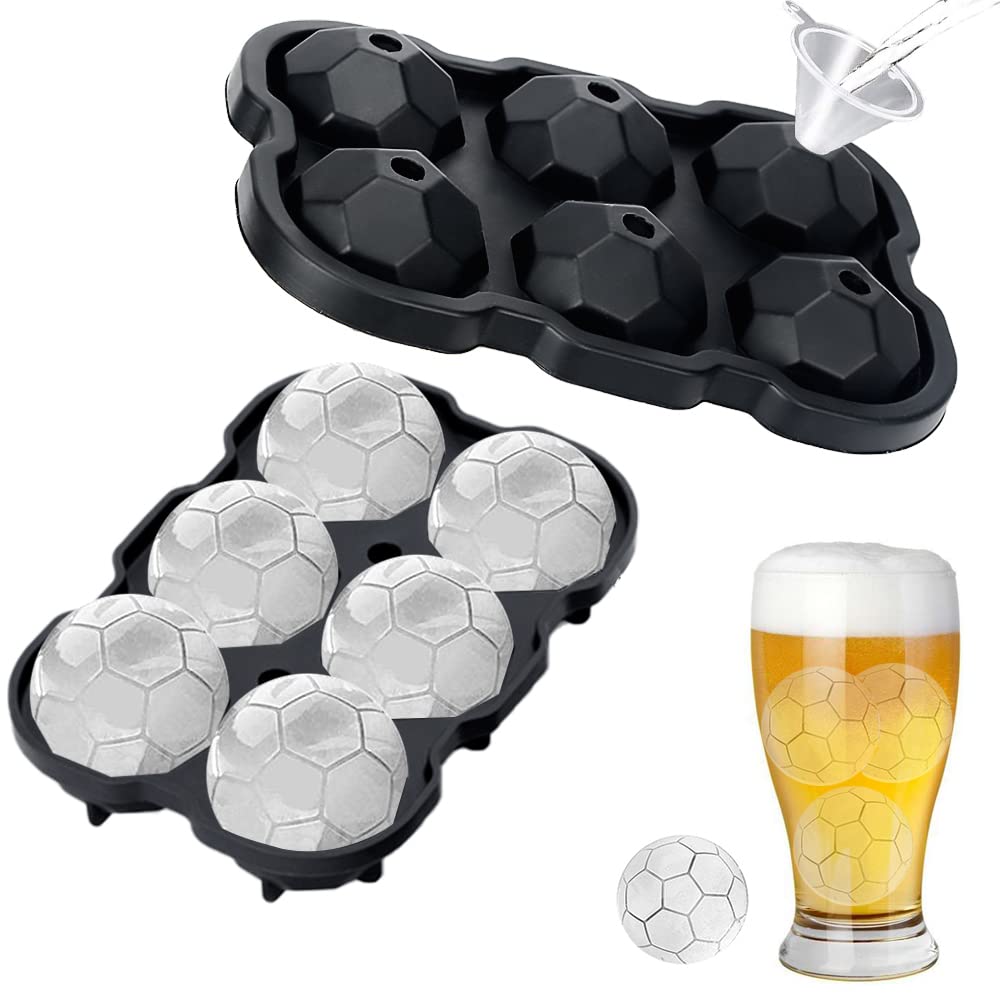 JORAKI Football Ice Cube Mold, Ice Cube Tray Food-Grade Silicone with Lids Funnel, Ice Ball Maker for Beer Whiskey Cocktail Cold Drinks, 6 Large Soccer Ice Cube Moulds Reusable BPA Free