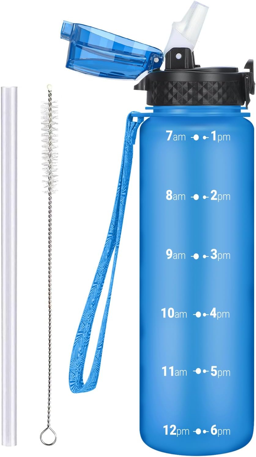 OLDLEY 1L/32oz Sports Water Bottle with Straw, 1000ml Motivational Drinks Bottle with Time Markings Leak Proof Drink & Lock Cover, BPA Free for Gym School Cycling Running Hiking
