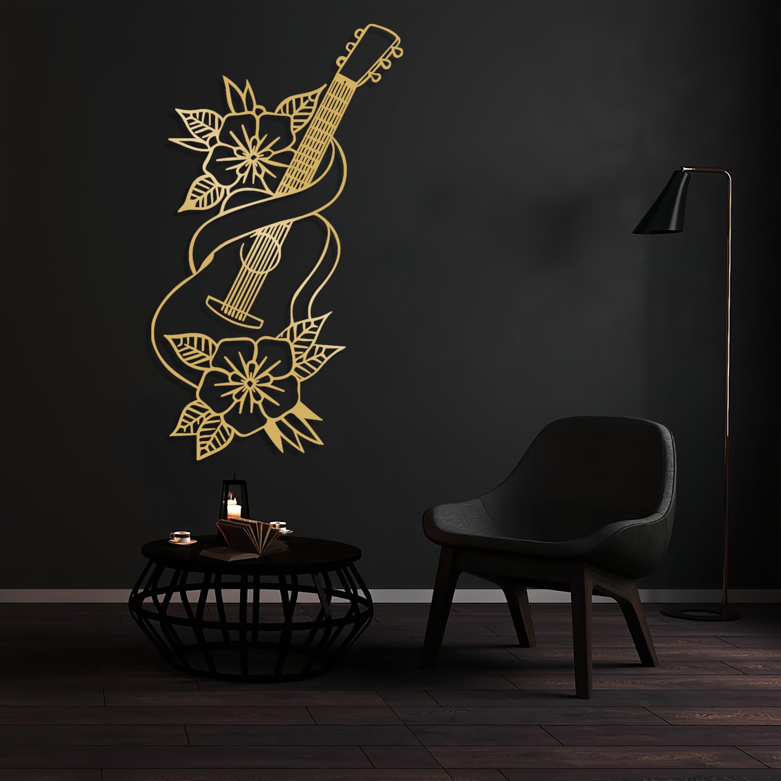 Decoración de pared abstracta contemporánea de metal con arte de guitarra, adornos florales minimalistas, decoración de arte lineal, regalos para amantes de la música, hogar (61 x 105 cm, dorado)