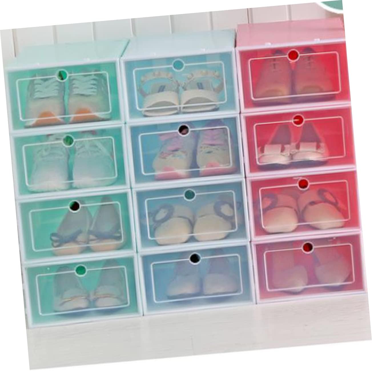 Mobestech 6Pcs Stackable Transparent Shoe Box Blue Plastic Storage Container for Organizing Footwear for Closets Entryways and Under Beds