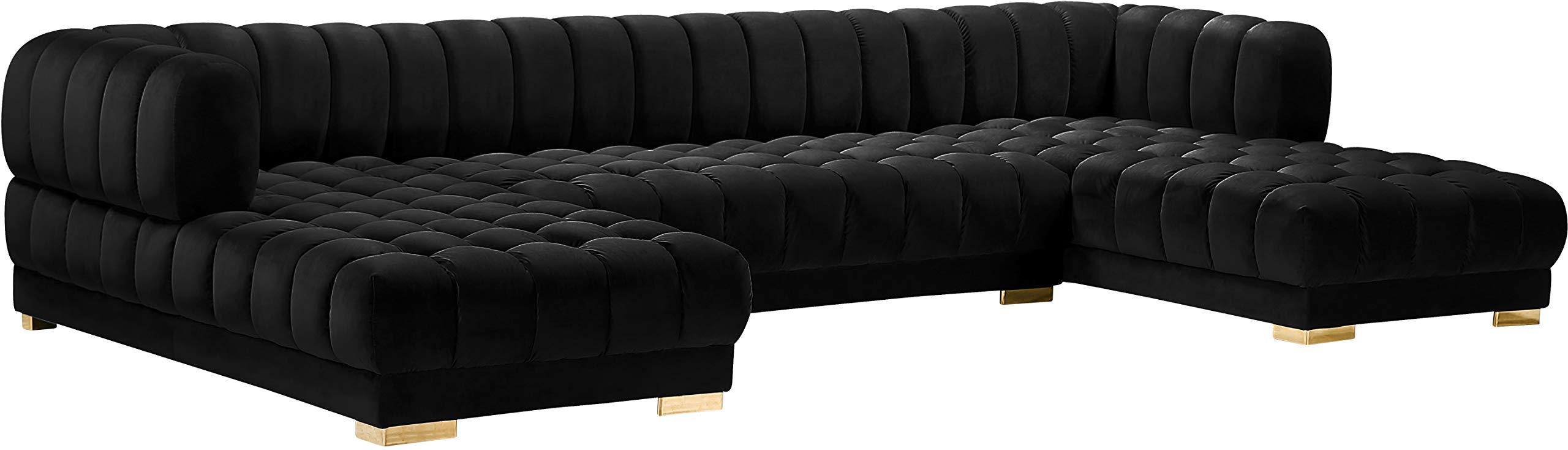 Meridian Furniture653Black-Sectional Gwen Collection Modern | Contemporary Velvet Upholstered 3 Piece Sectional with Deep Biscuit Tufting, Black, 143" W x 70" D x 28" H