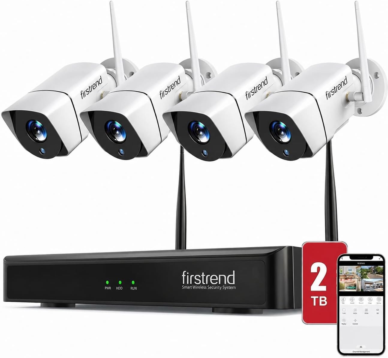 (2026 New) Firstrend WiFi Wireless Security Camera System, 8CH Wireless NVR System with 4pcs Security Bullet Camera and 2TB HDD Pre-Installed, AI Detection,Night Vision and Remote Monitoring