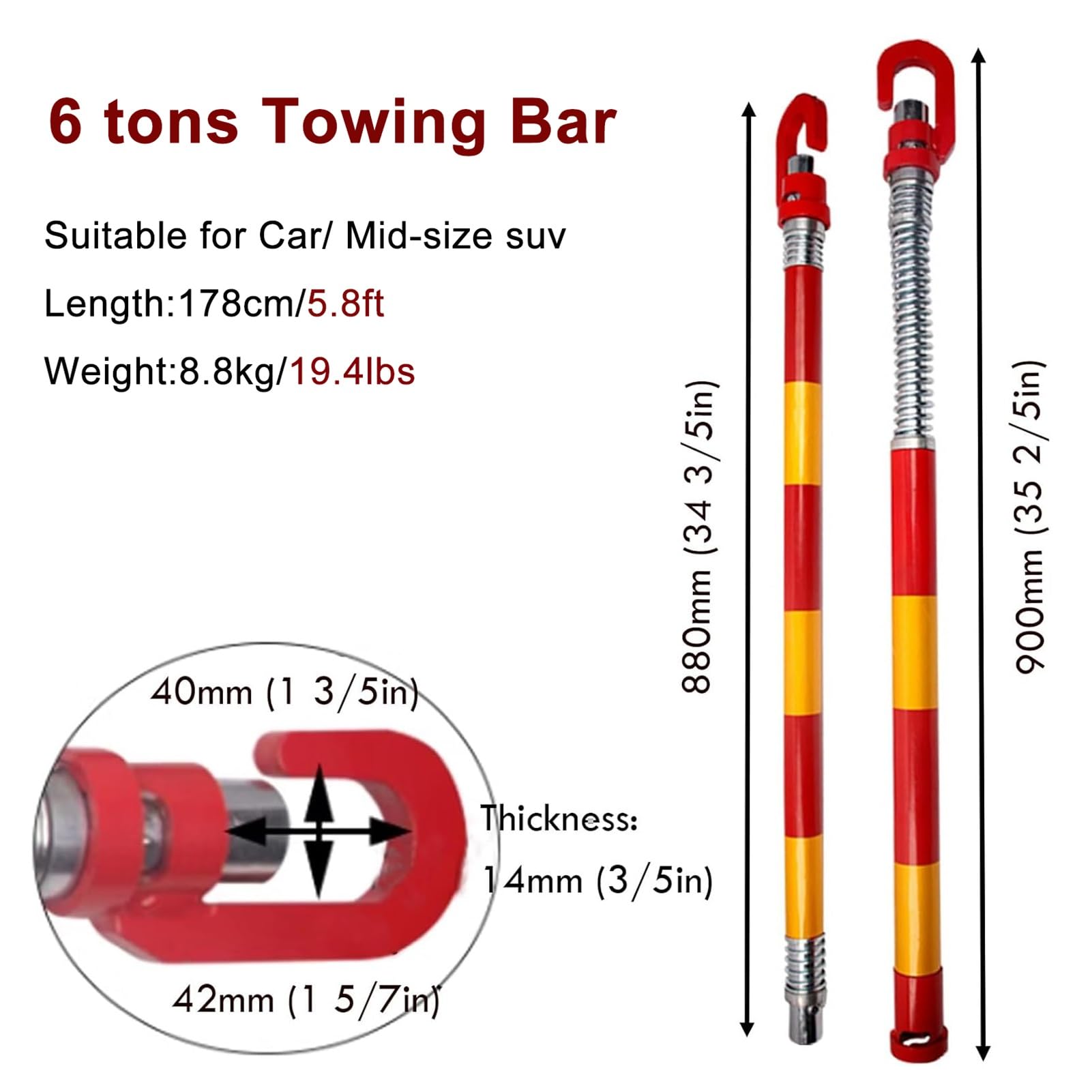 Bar ciągnący ciężkiej pracy awaryjnej, Tow Bar 3-50 Ton Capacity 3-8ft Adjustable Lengths(Load 6 tons)