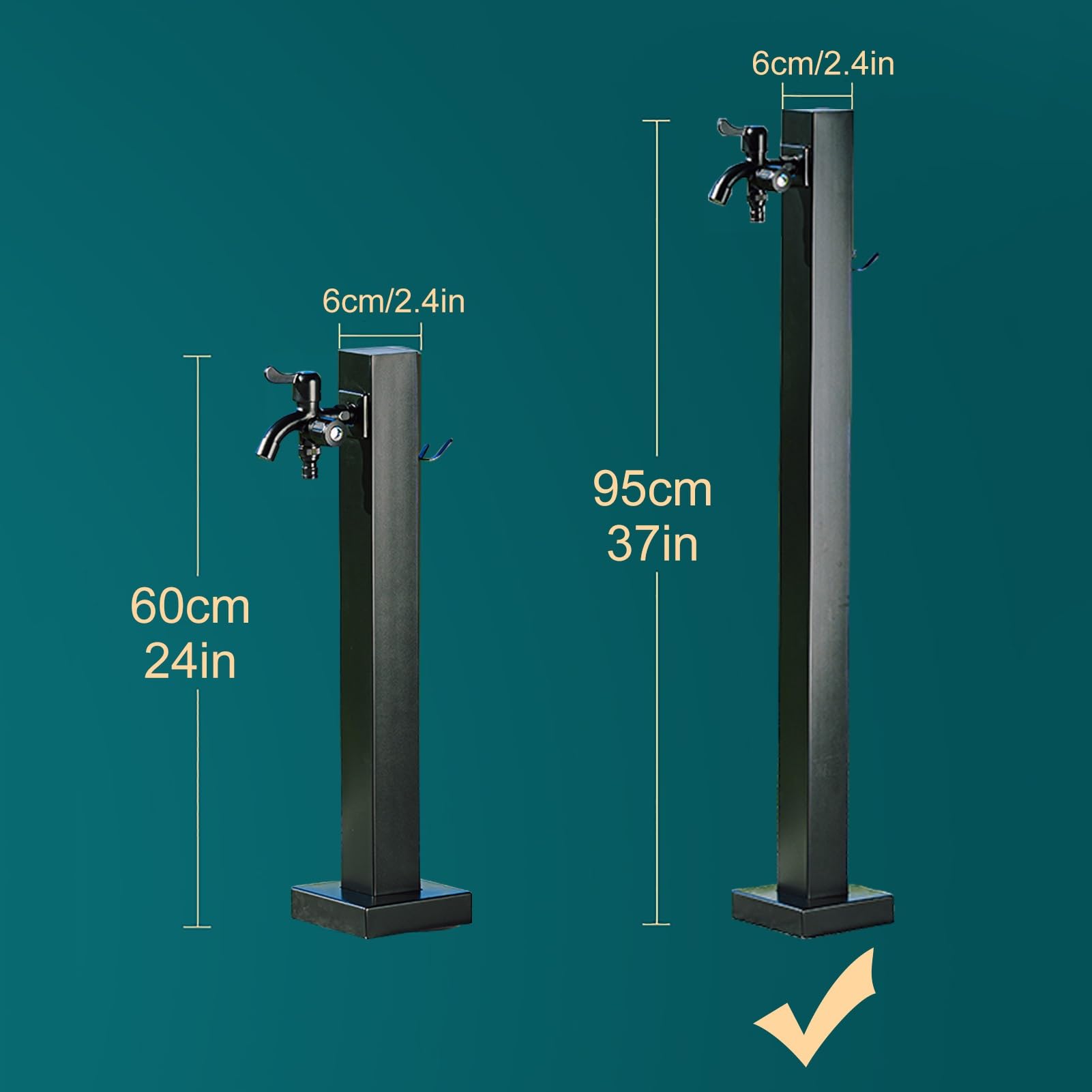 Negro Grifo Jardin INOX Grifo Exterior Grifo Patio Prueba de Congelación Poste del Grifo Columna de Agua(Color:Square colum wit Dual Faucet,Size:95cm)