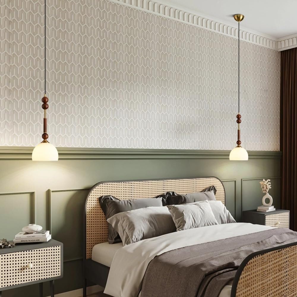 Nowoczesna lampa wisząca z połowy wieku vintage, półkopuła, klosz, lampa wisząca z drewnianymi akcentami, regulowana wysokość, oprawa żyrandolowa do jadalni, przy łóżku, wejściu (cylindryczna)