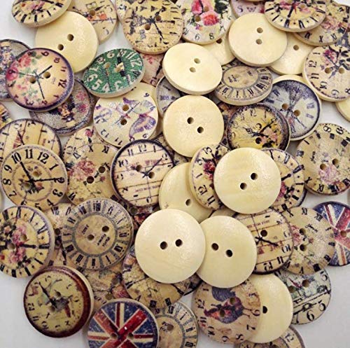Lassum 50 Pcs Vintage Style Mixed Patterns Clock 2 Holes Wooden Buttons Sewing Accessories Decorative Buttons 20Mm #TOP1
