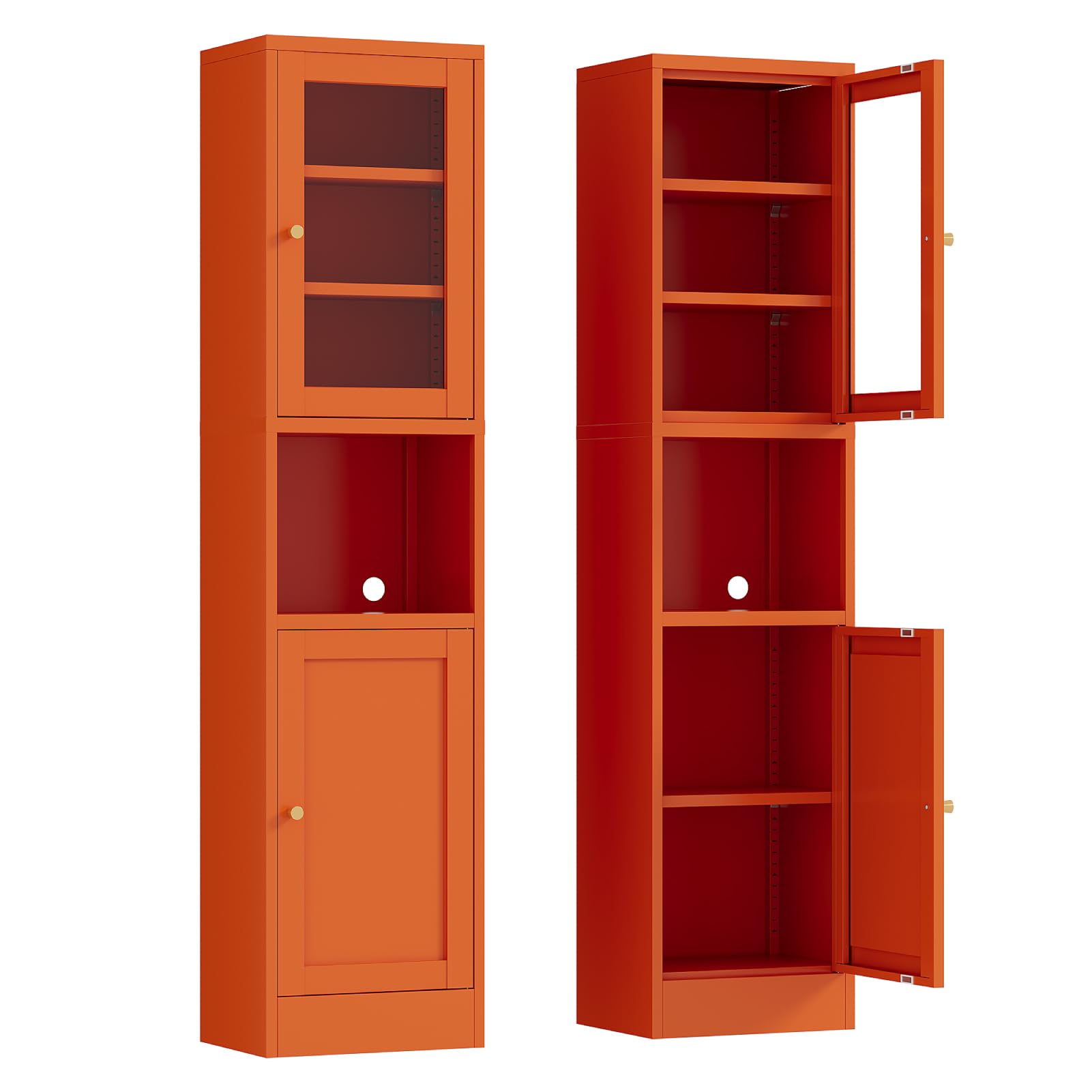 67" Tall Metal Narrow Storage Cabinet with Glass Door and Open Shelf, Shaker Style Slim Cabinet with Adjustable Shelves for Kitchen Bathroom Living Room Laundry Small Spaces, Orange, 1Pc