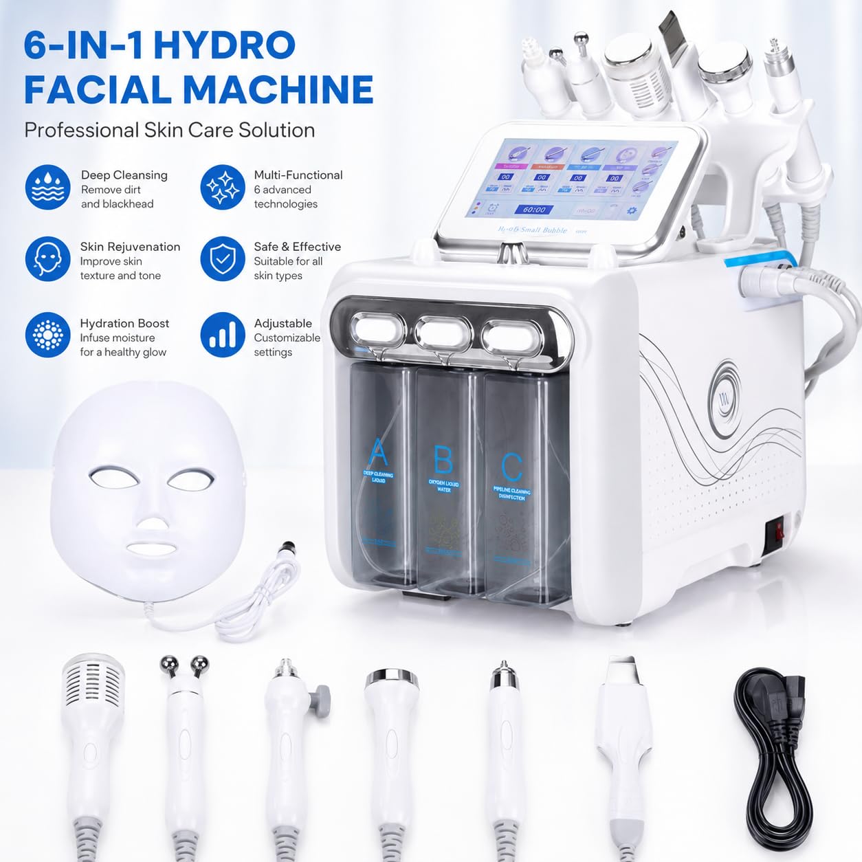 Urządzenie do zabiegów na twarz 7 w 1 z tlenem wodnym | Profesjonalne urządzenie Hydra-Facial z maską LED, głębokie oczyszczanie i dermabrazja do domowej pielęgnacji spa