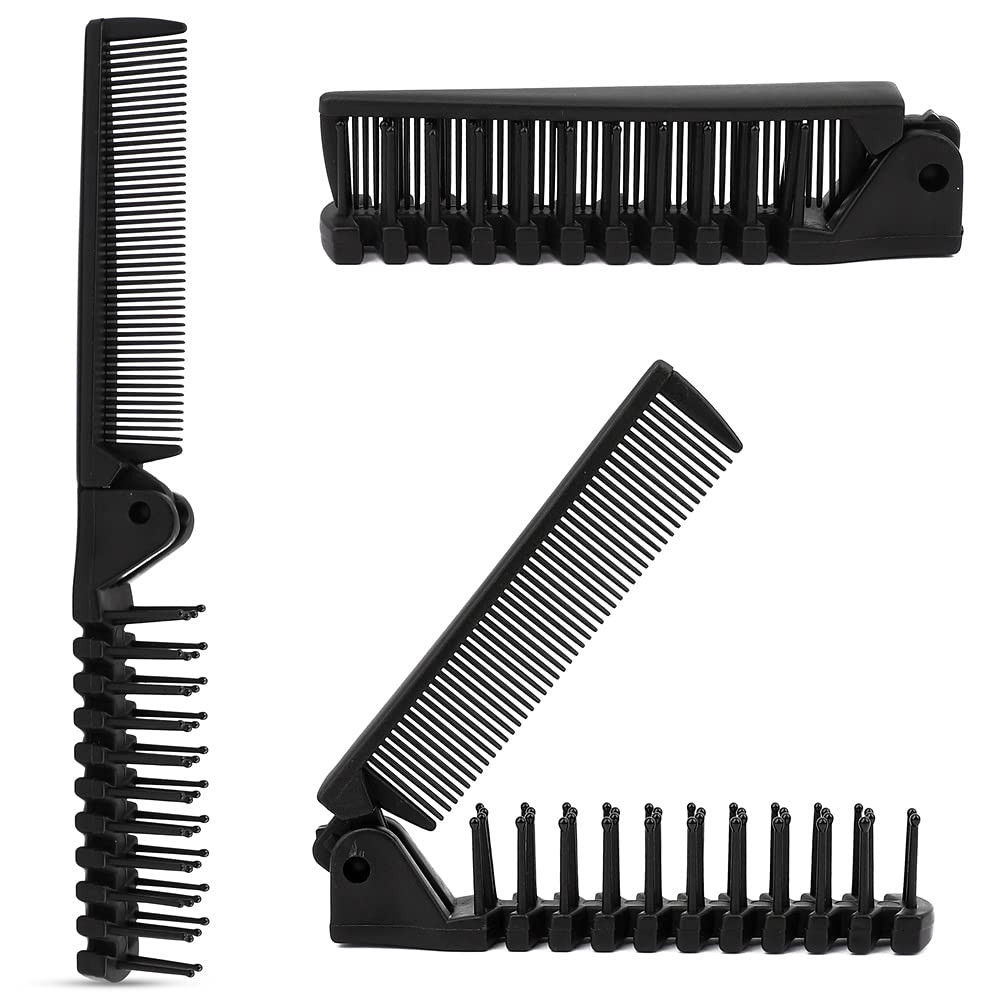 Foldable Hair Brush and Comb, Plastic Portable Travel Hair Brush with Pocket Hair Comb Double Head Comb for Thick and Thin Hair (Black)