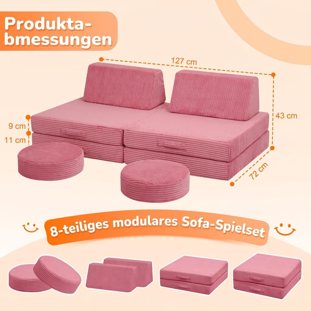 MeMoreCool Cord Spielsofa Kinder, Modulare Schaumstoff Couch Rosa | Weiche Schaumstoff Bausteine Couch für Kinder, Ideal als Kuschelecke und Kreativer Indoor-Spielplatz im Kinderzimmer