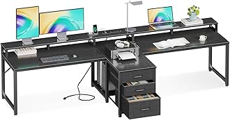 Coleshome 94" Computer Desk with Fabric Drawers & File Cabinet- 2 Person Home Office Desks with Power Outlet, Long Writing Desk with Monitor Stand, Storage Shelves, Study/Work Table, Black
