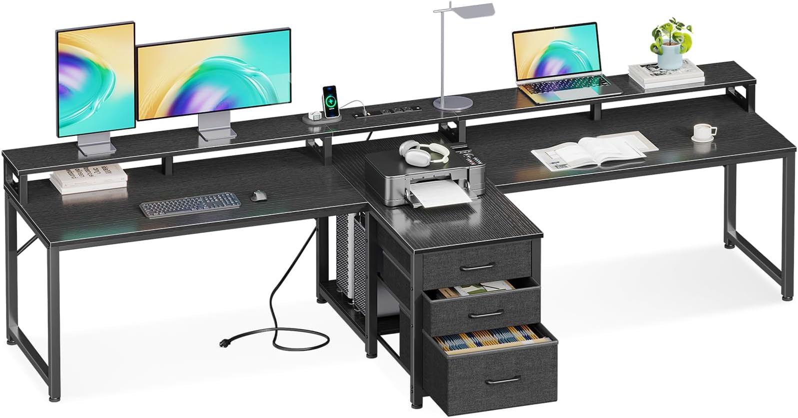 Coleshome 94" Two Person Computer Desk with Power Outlet & USB Ports, Extra Long Home Office Desk with Fabric Drawers, File Cabinet & Monitor Stand, Black