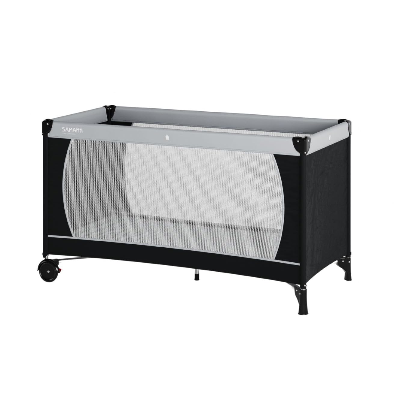 Reisebett 60x120 cm - fold & go - faltbares Babybett mit feststellbaren Rollen & Matratze Cloud Air | ab Geburt bis 15 kg | zusammenklappbar inkl. Tragetasche | leicht und kompakt | schwarz/grau