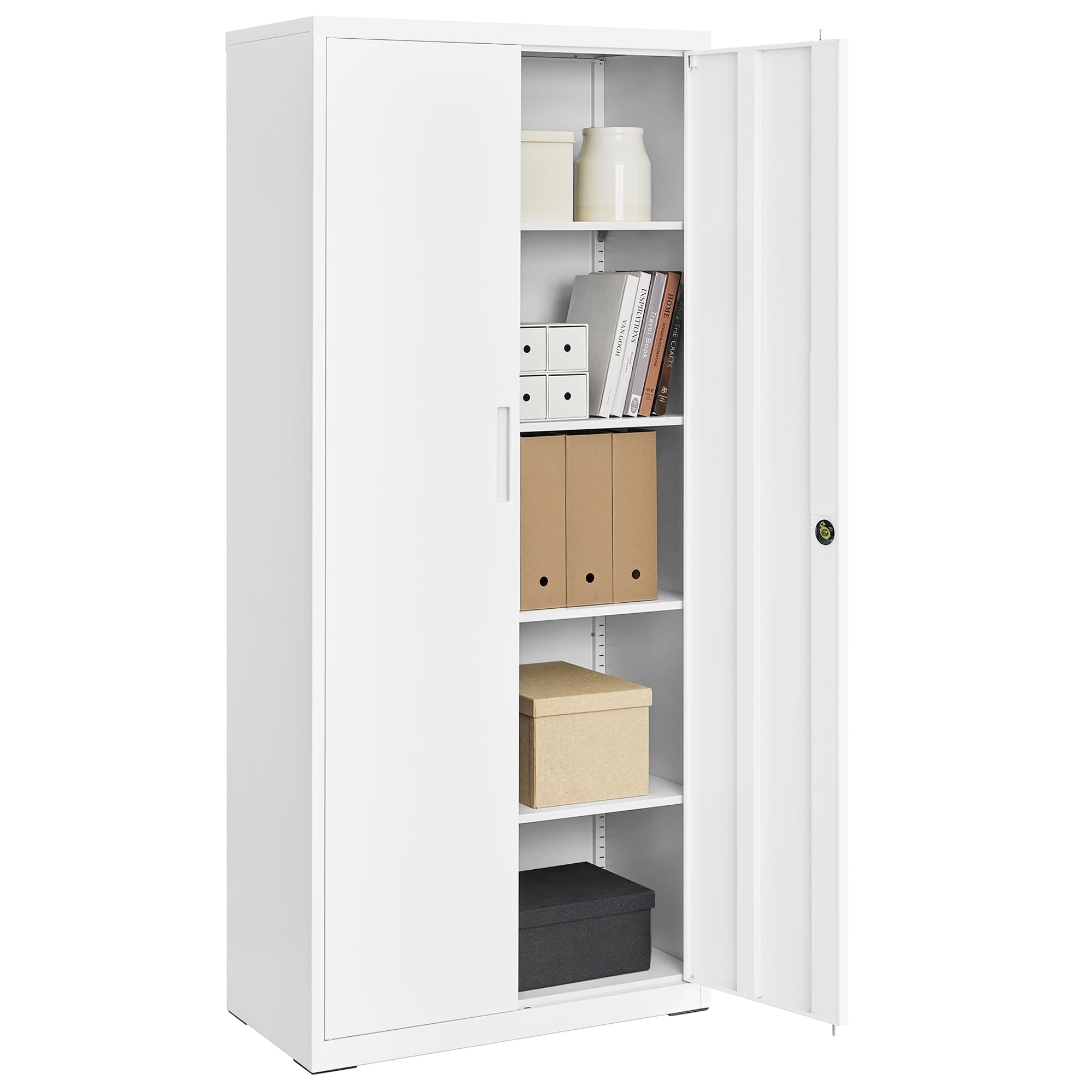 SONGMICS Meuble de Rangement Bureau, en Acier, Placard, 5 Niveaux, 40 x 80 x 180 cm, Doubles Portes, Serrure, Armoire à Outils, Étagères Réglables, pour Garage, Bureau, Blanc Mat OMC015W01