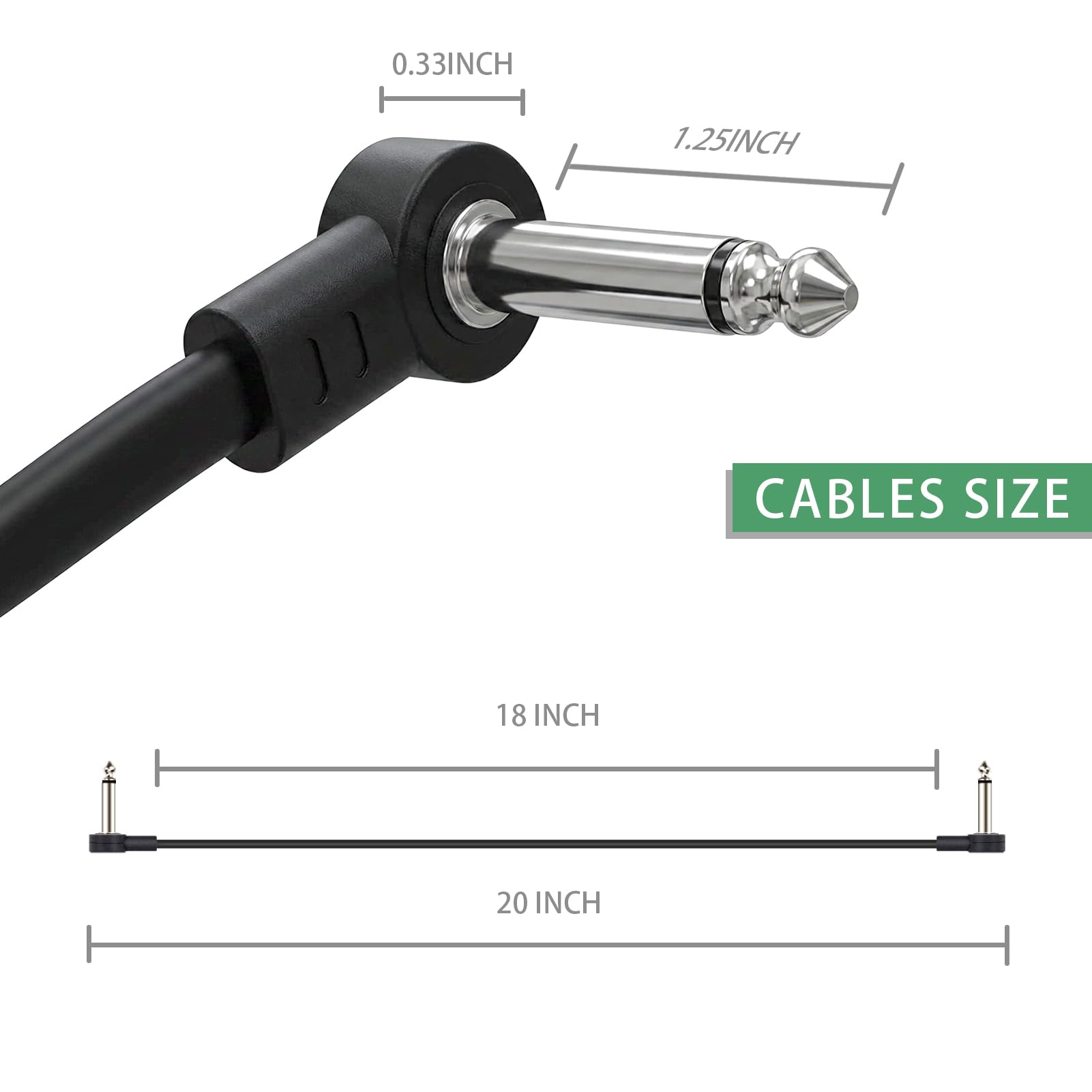 Cables de conexión planos de guitarra de 18 pulgadas, cable largo de pedal | Cables de conexión TS de perfil bajo de 0.25 pulgadas en ángulo recto para pedales de efectos de guitarra, color negro