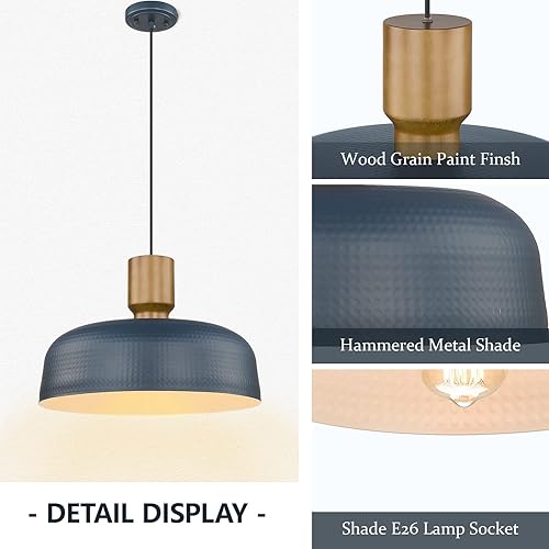 Miniatura 2 de Darkaway Lámparas colgantes industriales de gran tamaño con pantalla de metal martillado, 18.1 pulgadas, iluminación colgante grande azul para isla