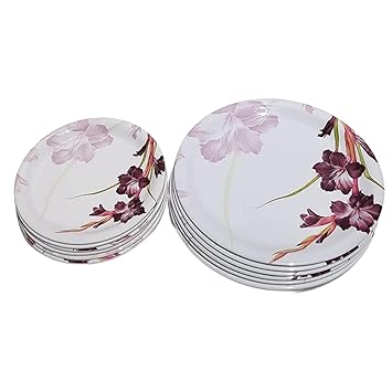 Cromatic Crockery Melamine Pack of 12 Melamine Dinner Plates, Combo White-Pink Floral Print Lunch Plates for Families, Daily Use, (Round), 11 inch,8 inch
