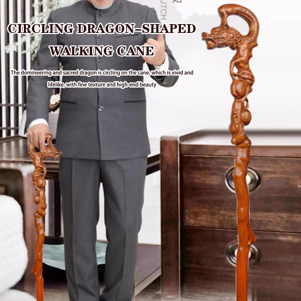 Circling Dragon-Shaped Walking Cane for The Elderly, Hand-Carved Wooden Walking Stick, Gift/Accessory, Load Bearing 150kg/330.7lbs(94cm(Use Height 181-182cm))