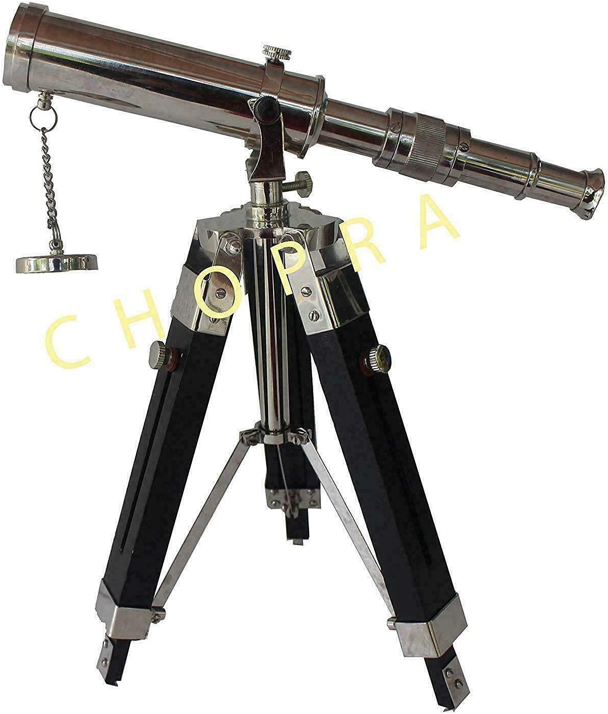 Maritime Nautical Chrome Brass Telescope with Wooden Tripod Stand Desk Decor