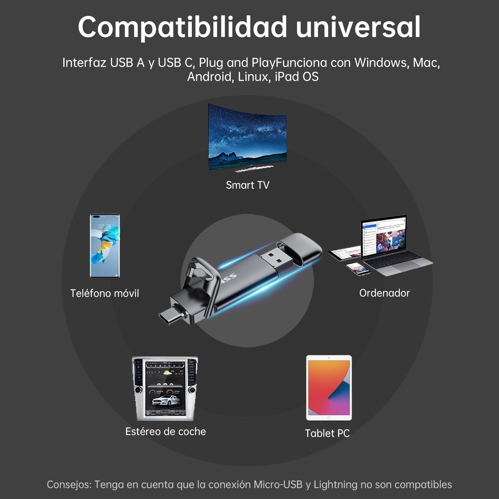 SSK SSD Externo portátil de 256GB hasta 1000 MB/s de Lectura, Unidad de Estado sólido Doble USB 3.2 Gen 2, Adaptador USB A + Tipo C 2 en 1 para iPhone 15/PS4/Android Phone/Tablet/Windows/Mac
