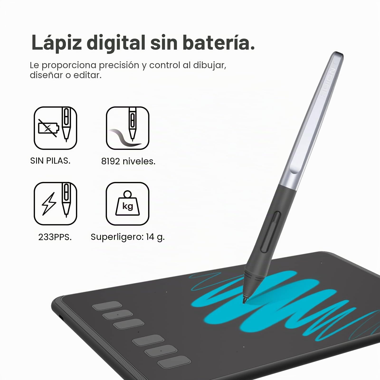 HUION H640P Tableta Gráfica con 8192 Niveles de Sensibilidad a la Presión con Lápiz Óptico Sin Pilas y 6 Teclas de Función Personalizables