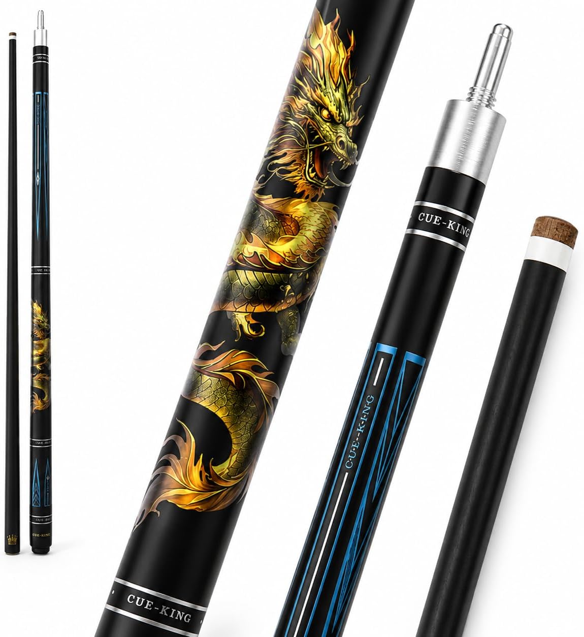 Cue-King Dragon Pool Cue, Solid Wood and Fibreglass, Stainless Steel Unilock Joint, Premium Grip, Golden Dragon Design