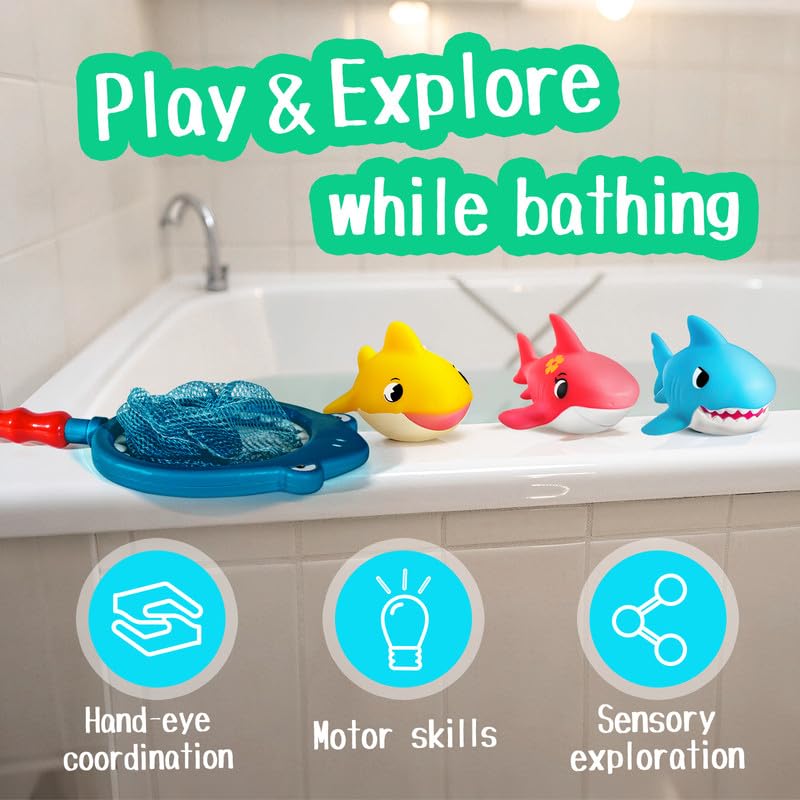 Juguetes de baño para bebés sin agujeros, juego de juguetes de baño de tiburón con red de baño y almacenamiento, juguetes flotantes para ducha de agua y piscina 4