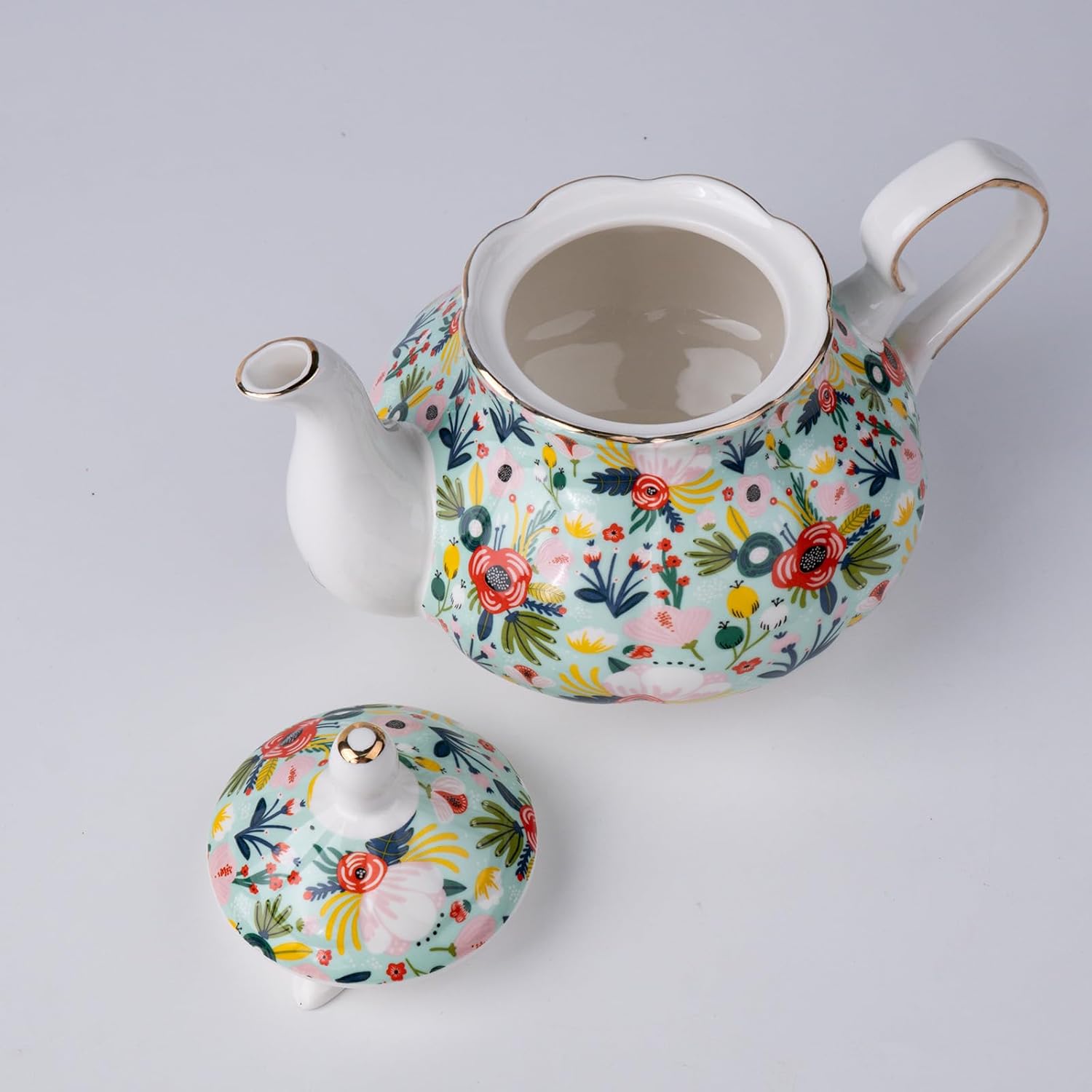 33.8 oz Porcelain Tea Pot Luxury Gold Trim Floral Ceramic Teapot Waterpot Tea Maker for Blooming Loose Leaf Tea Coffee Milk Chrismas Women Gift Housewarming Home Kitchen Décor (Mint)