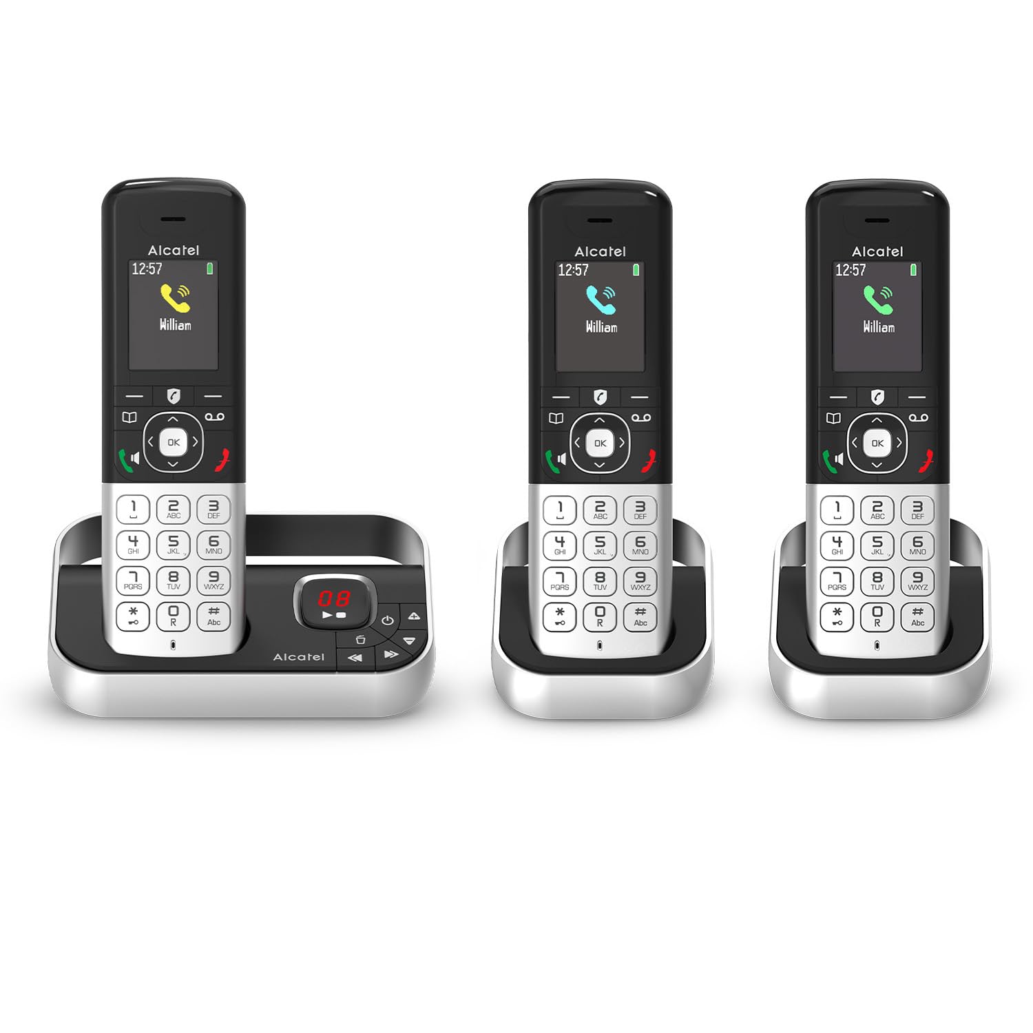 ALCATEL FX990 Voice Trio – Schnurloses DECT-Telefon mit Anrufbeantworter (50 Min.), 3 Mobilteile, Farbdisplay