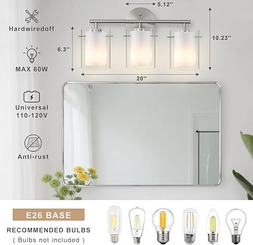 Miniatura 6 de Lámparas de baño de níquel cepillado sobre el espejo, 3 luces de tocador de 20 pulgadas con dos pantallas de vidrio, luces de tocador modernas