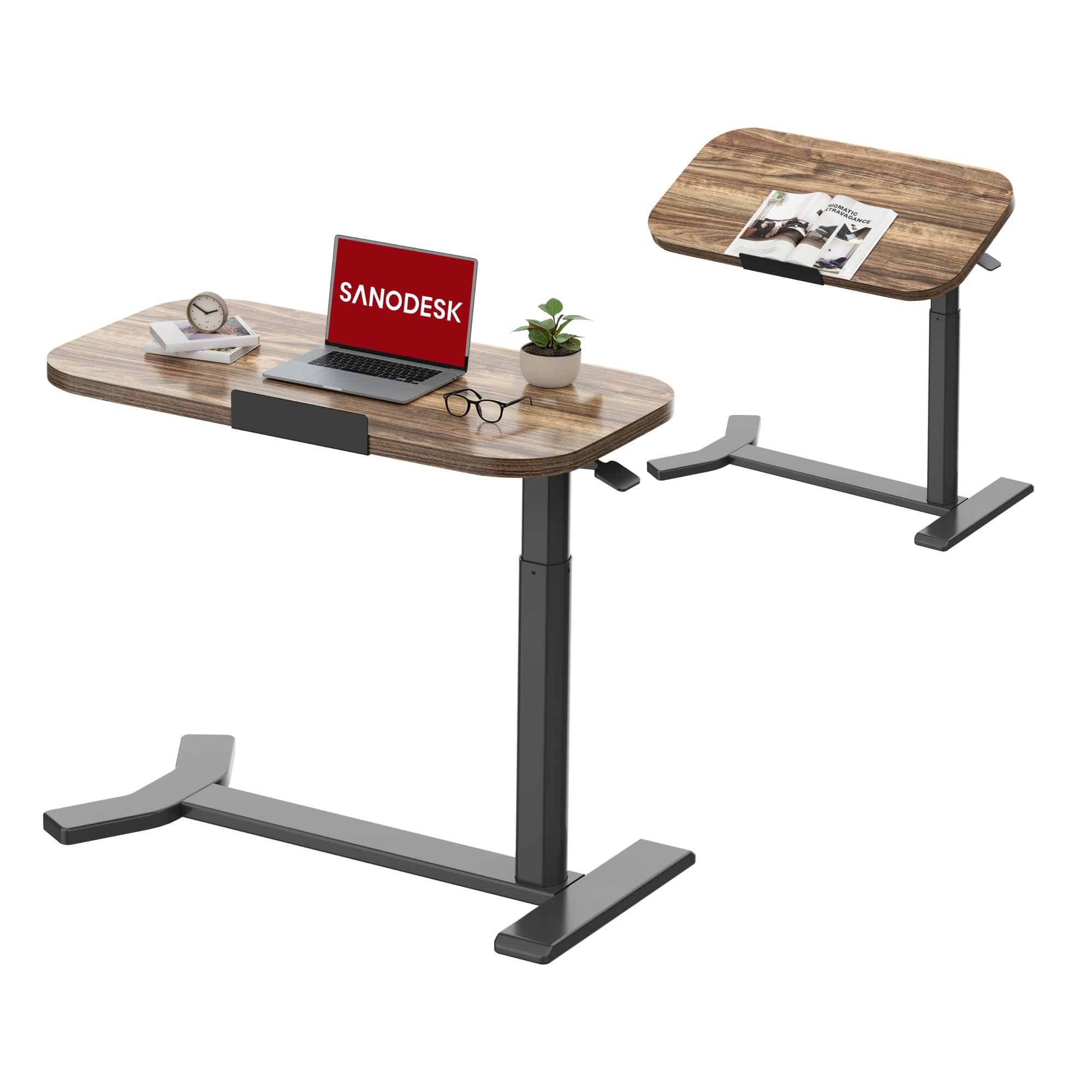SANODESK Standing Desk Adjustable Overbed Table Pneumatic Standing Desk with Locking Casters, Mobile Laptop Cart for Bed, Sofa, Hospital & Home Office (Black Frame+Brown Top)
