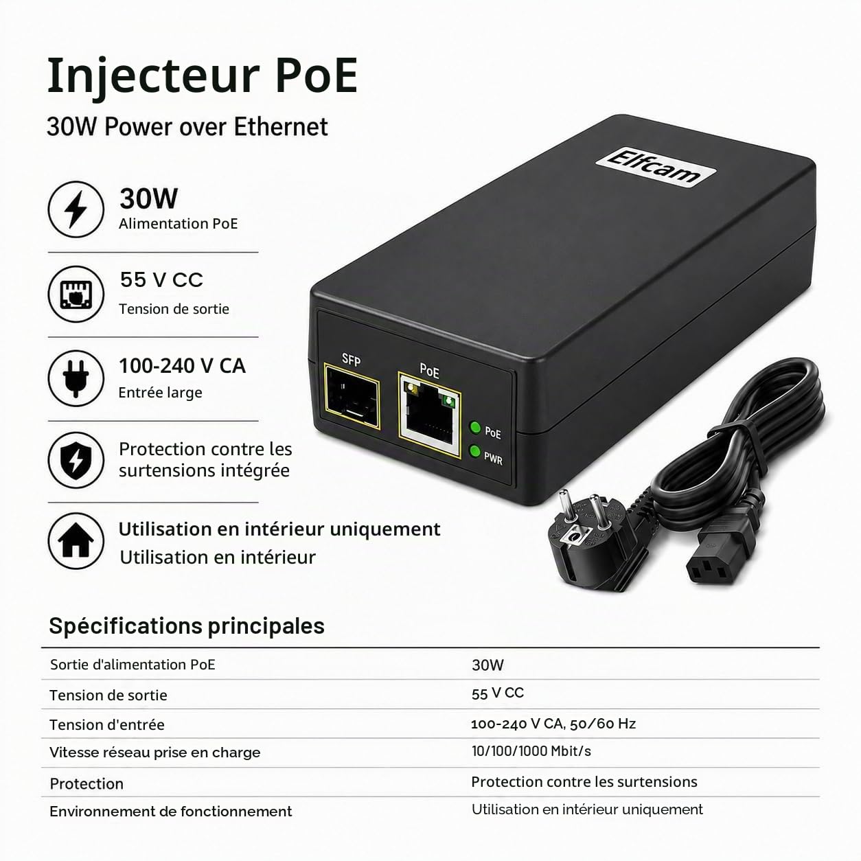 Elfcam - Injecteur PoE 30W avec Port SFP 1,25G & PoE Ethernet 1000M/100M, Fibre Monomode/Multimode, IEEE 802.3af/at, Usage Intérieur