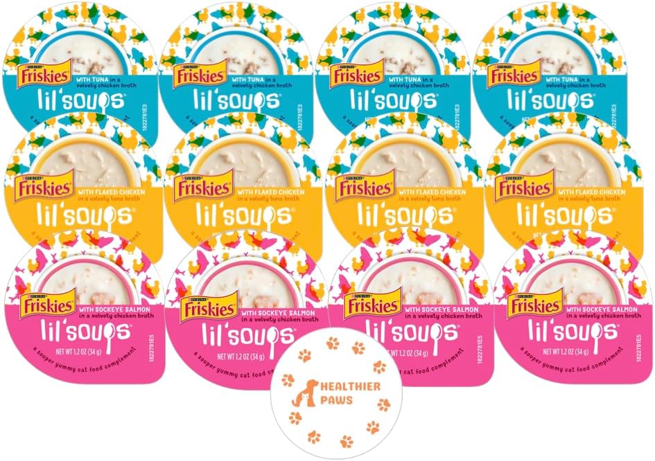 Healthier Paws Lil' Soups Mixup 3 Sabores Wet Cat FoodTreats 1.2 oz (4 de cada uno) total de 12 piezas de calcomanías más colorida bola de peluche