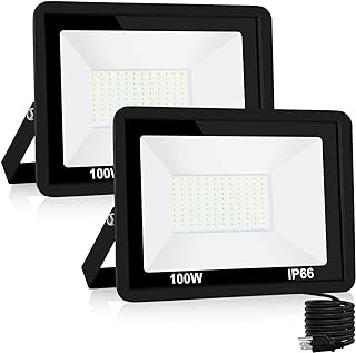 100W LED Flood Light Outdoor, LED Work Light,Floodlight Fixture with Plug in IP66 Waterproof, 6500K 2Pack Security Light for Yard Garden Stadium Garage Playground