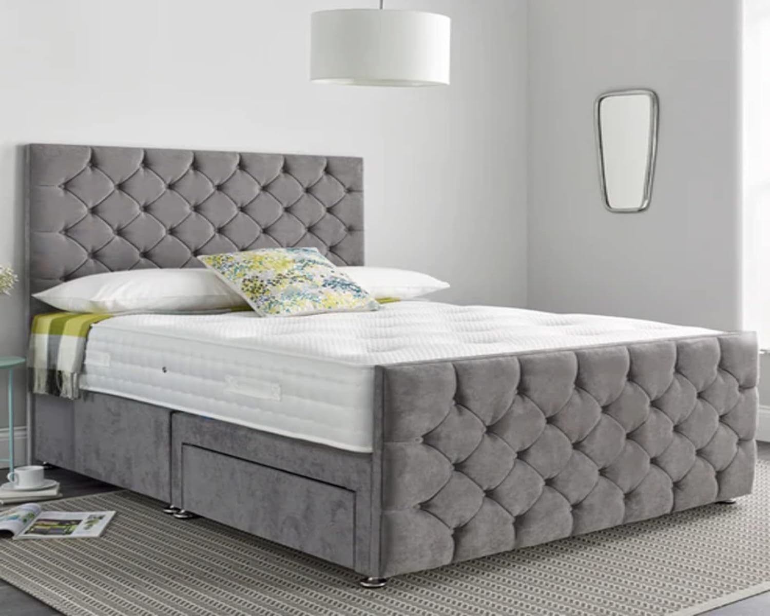 Grey Plush Velvet Chesterfield Divan Bed with Diamante Headboard and