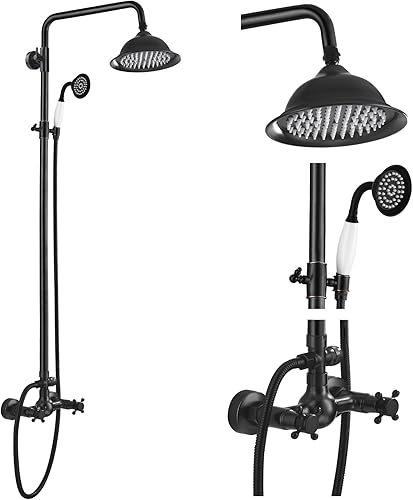 Miniatura 17 de gotonovo Sistema de ducha de latón antiguo, cabezal de ducha de lluvia de 8 pulgadas, rociador de mano, doble mango cruzado, grifo de ducha de baño