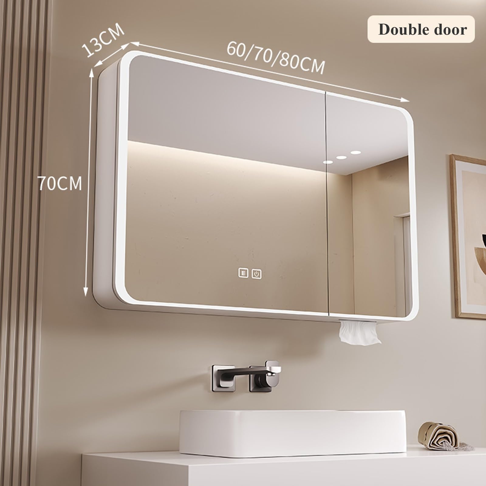 Armario Espejo de Baño Con Luz, Almacenamiento Y Antivaho - Montaje en Pared Con Enchufe (Blanco, 70cm/27.6in)