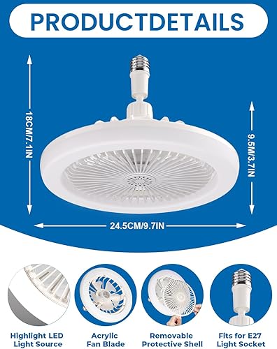 Miniatura 6 de Ventilador de techo cerrado con luz, pequeños ventiladores de enchufe sin aspas de 10 pulgadas con control remoto, luces LED regulables de 3